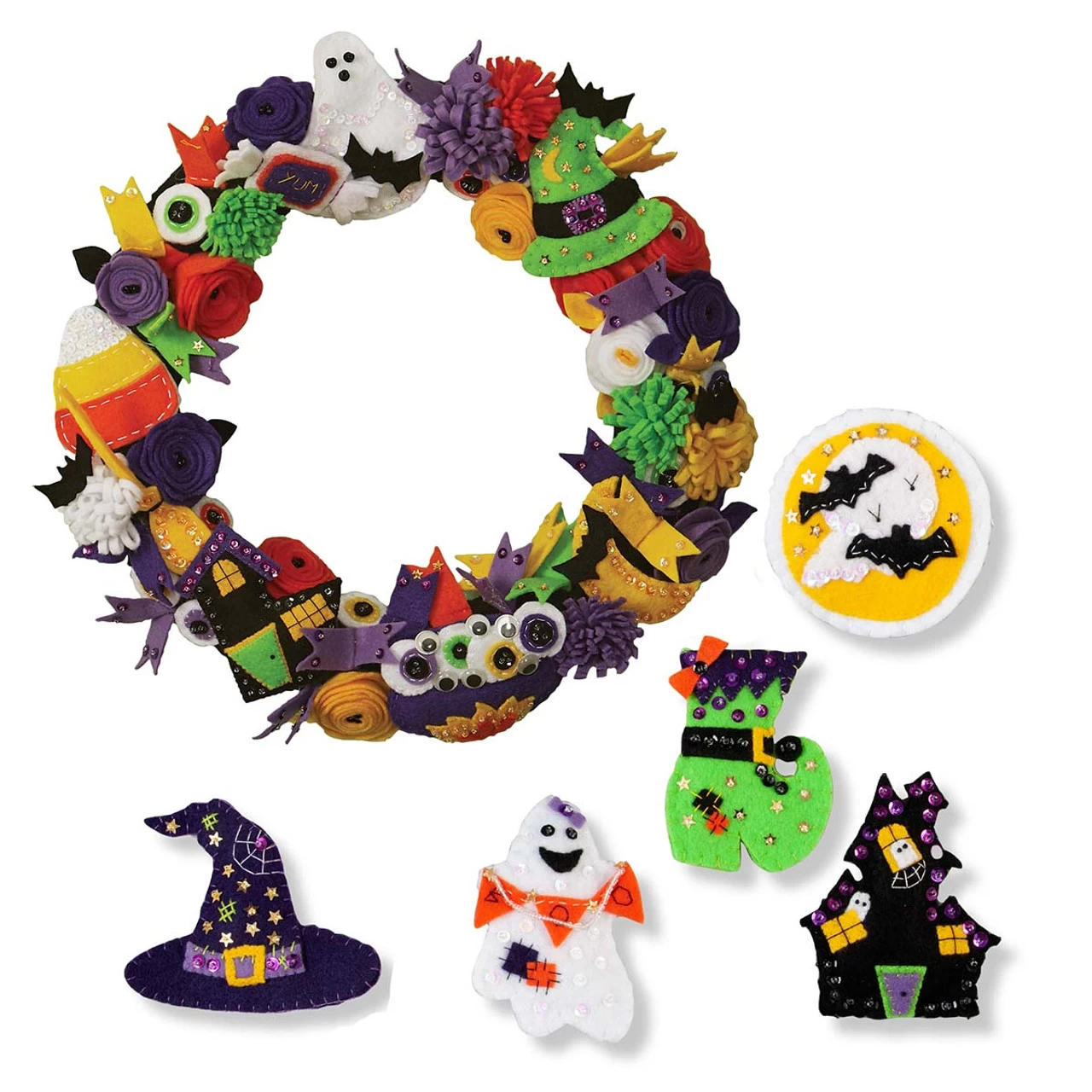Felt Street Spooky Halloween Wreath & Ornaments, Set Of 2 Felt & Sequin Kit 2 Felt Street Spooky Halloween Wreath & Ornaments, Set Of 2 Felt & Sequin Kit