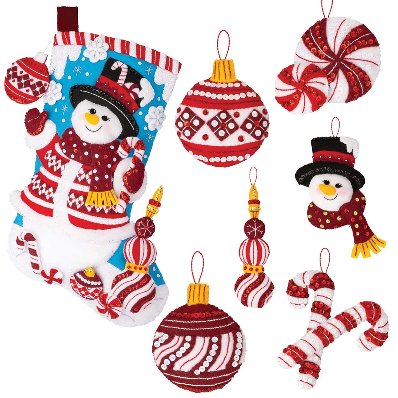 Bucilla Peppermint Snowman, Set Of 2 Felt & Sequin Kit 3 Bucilla Peppermint Snowman, Set Of 2 Felt & Sequin Kit