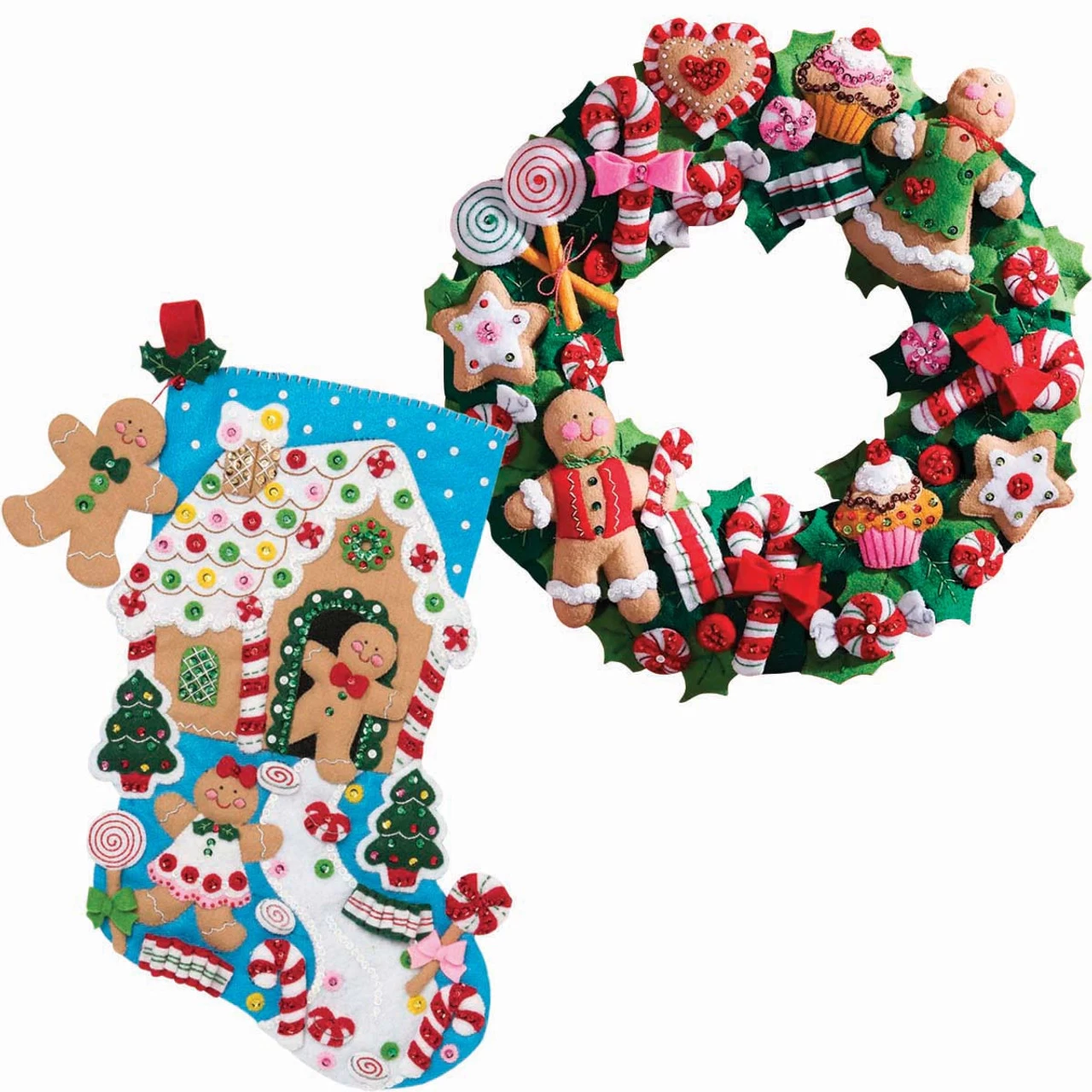 Bucilla Gingerbread Wreath & Stocking, Set Of 2 Felt & Sequin Kit 3 Bucilla Gingerbread Wreath & Stocking, Set Of 2 Felt & Sequin Kit