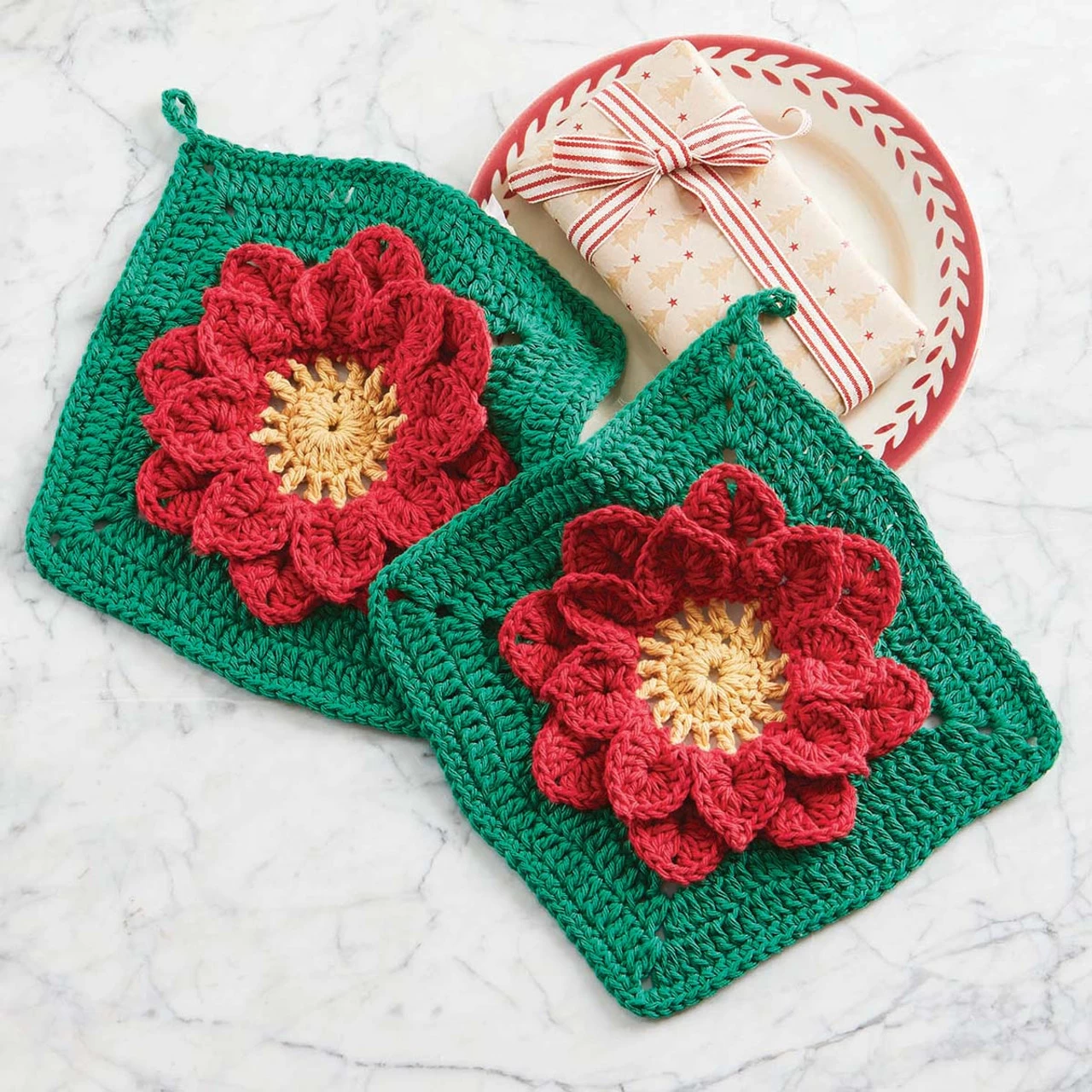 Village Yarn Poinsettia Dishcloths Crochet Kit 3 Village Yarn Poinsettia Dishcloths Crochet Kit